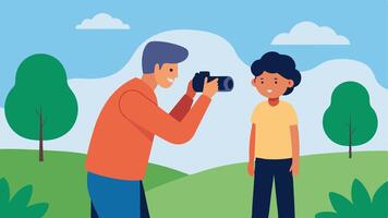 Photography Workshop A teen showing a senior how to take photos both looking through a camera while surrounded by beautiful scenery at a park.. vector