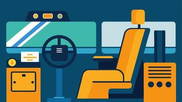 Trucker Cab Adaptations An illustration of a truck drivers cabin with adaptations like a highvisibility seat and control panels that can be easily reached from a wheelchair.. vector