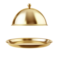 A gleaming golden cloche hovers above an elegant serving platter, ready to unveil a culinary masterpiece in a sophisticated setting png