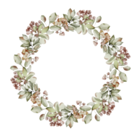 Watercolor berry Wreath with autumn plant and red rowan. Drawing of botanical round Frame with rowanberry on isolated background for greeting cards or invitations. Decoration for Wedding cards. png