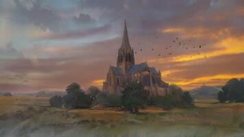 A grand Gothic-style cathedral stands amidst a lush, green landscape under a dramatic, cloudy sky video