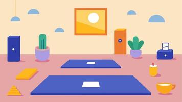 Mindfulness Activity Space A designated area with yoga mats and calming posters where students practice mindfulness techniques breathing exercises or quiet meditation.. vector
