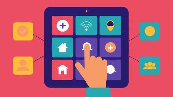 Touchscreen with Large Icons A hand interacting with a touchscreen device that features oversized icons for easy navigation by individuals with visual impairments.. vector