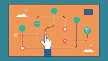 Tactile Map Illustration of a tactile map mounted on a wall with raised lines representing routes and easytofeel icons for stations. A hand is shown tracing the paths.. vector
