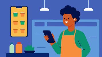 Shopping List Management A person stands in a kitchen holding a phone. The phone displays a shopping list being updated by their voice command to add items with groceries in the. vector