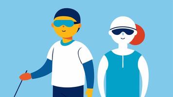 Guided Sailing A visual of a visually impaired sailor wearing specialized goggles and guided by a friend with a focus on the inclusivity of the sport.. vector