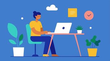 Home Office Setup A person using a seated desk with an adjustable height surrounded by plants and art engaging in a call on a laptop with a tactile sticker board for notes. vector