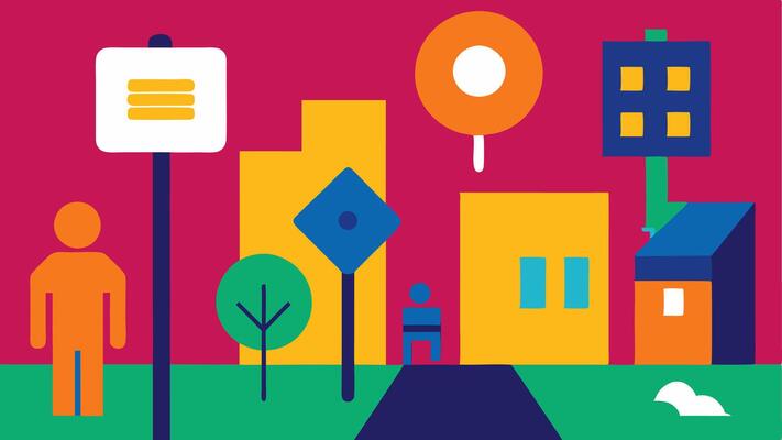 Wayfinding Signage A vibrant street scene with clear colorful wayfinding signs that use visual symbols and braille to assist residents and visitors in navigating the area easily..