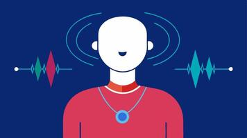 VoiceControlled Health Monitor A of a person speaking to a wearable device around their neck with sound waves coming out illustrating voicecommand capabilities for health. vector