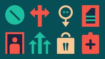 Symbolic Icons for Directions A collection of universally recognizable icons e.g. restrooms exits elevators accompanied by arrows designed to be clear and intuitive.. vector