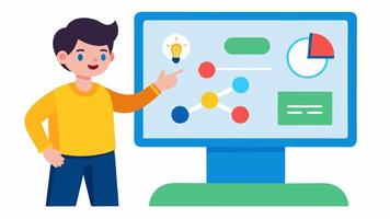 Interactive Learning Tools A student engaged with an interactive smartboard that displays a vibrant learning game promoting active participation and engagement.. vector