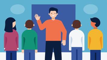 Sign Language Interpretation An interpreter in front of an exhibit using sign language to communicate with a group of hearing impaired visitors each engaged in the experience.. vector