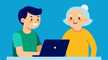 Technology Help Desk An elderly person with a tablet receiving guidance from a younger volunteer on how to use apps for community services both engaged and smiling.. vector