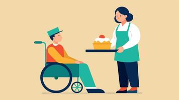 Waitstaff Assistance A friendly server assisting a customer in a wheelchair offering help with the menu while ensuring a welcoming environment.. vector