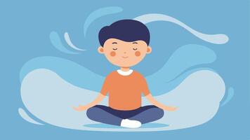 Mindful Moments A tranquil illustration of a child practicing deep breathing in a quiet space with soft flowing lines representing calmness and relaxation.. vector