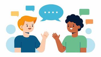 Sign Language in Conversation Two friends communicating in sign language surrounded by speech bubbles illustrating different thoughts and ideas emphasizing the importance of visual. vector