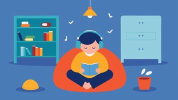 Relaxation Zone An inviting reading nook in the classroom featuring bean bags and soft pillows where children can take a break with one child using noisecanceling headphones.. vector