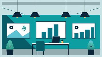 SoundReducing Elements An office with wall art that is also soundabsorbing panels and acoustic tiles on the ceiling representing an environment designed to minimize background. vector