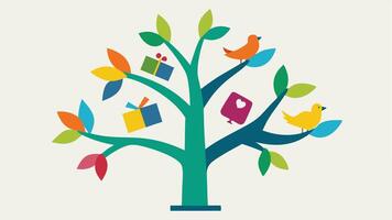 Literary Connections A stylized tree with books as leaves and branches where various storytellers including those with disabilities are sharing their experiences represented by. vector