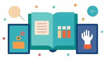 Interactive Displays Interactive book displays featuring tactile elements where patrons can feel textures related to the book themes encouraging exploration and sensory engagement.. vector