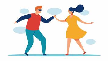 Partner Dance A person with a visual impairment is being guided by a partner both engaging in a graceful dance with the instructor happily observing and encouraging them.. vector