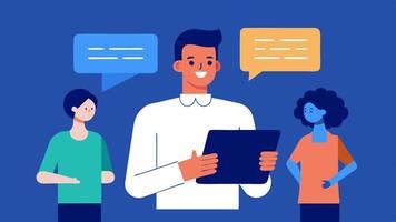 TexttoSpeech App A professional holding a tablet with an app interface visible that reads text aloud while engaging with colleagues in the background.. vector