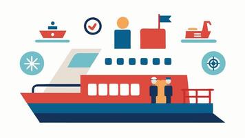 Visual Aids An illustration showcasing visual aids like large print and pictorial instructions posted around the ferry to guide passengers with disabilities.. vector