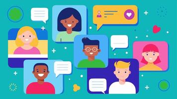 Online Chat Room A vibrant chat room interface with diverse avatars exchanging encouraging messages about mental health with a vibrant background representing a safe space.. vector