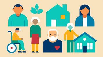 These illustrations would visually communicate the essence of inclusive senior living communities designed to accommodate and support seniors with disabilities.. vector
