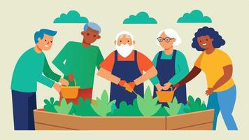 Gardening with Friends A scene where several seniors are working together at different raised beds sharing tools and laughter showcasing community and support.. vector