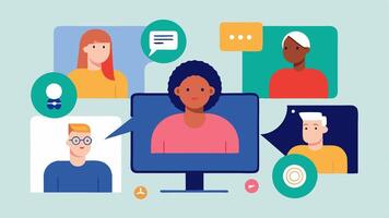 Virtual Advocacy An illustration of a group call where advocates from different locations collaborate on a campaign for disability rights with digital resources and ideas. vector