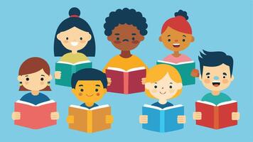 Multilingual Library A library with books in various languages being read by children of different cultures promoting language diversity in education.. vector