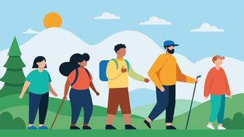 Guided Nature Tour A diverse group on a guided nature tour where a visually impaired person is being led by a guide surrounded by scenic landscapes and wildlife.. vector