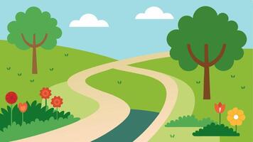 Nature Integration An illustration depicting the biking path winding through a parklike setting with flowers and trees showing wheelfriendly features like wide grass margins.. vector