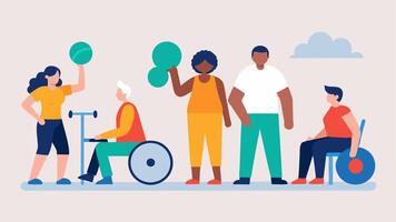 Inclusive Fitness Class An illustration of a diverse group participating in a fitness class including individuals with various disabilities using modified equipment.. vector