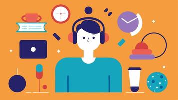 Multisensory Workspace An illustration of a workspace equipped with sensory tools like stress balls fidget toys and noisecanceling headphones with a person deeply focused on their. vector