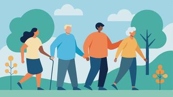 Mindfulness in Nature A of a diverse group participating in a mindfulness walk through a scenic park with one person using an assistive device and others holding hands as. vector