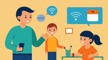 Parental Control A parent with a hearing impairment communicating with children across the room using a smart device to announce chores and reminders through voice activation.. vector