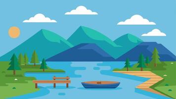 Scenic Lake Access A lakeside area with a floating dock accessible for canoes and fishing featuring a gentle slope ensuring everyone can enjoy water activities.. vector