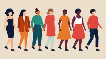 Group Walk Several models walking side by side down the runway each showcasing different adaptive styles symbolizing unity and diversity in fashion.. vector