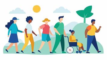 Inclusive Community Event A group of diverse hikers including people with disabilities engaging in a guided trail walk showcasing community events focused on inclusivity and shared. vector