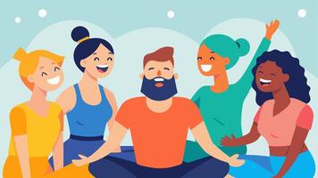 Joyful Expression A vibrant scene showing participants smiling and laughing together at the end of a class emphasizing the joy and community found in adaptive yoga.. vector