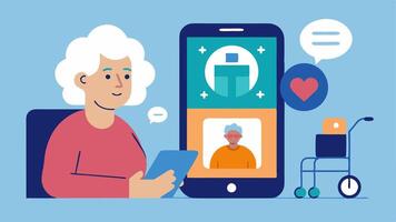 Remote Monitoring A caregiver using a smartphone to monitor a loved one with a disability at home. The smartphone displays a dashboard of voiceactivated devices showing their. vector