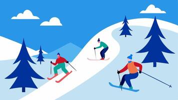 Inclusive Skiing Skiers using sitskis and monoskis gracefully descending a snowy slope with snowy trees and a bright blue sky in the background.. vector