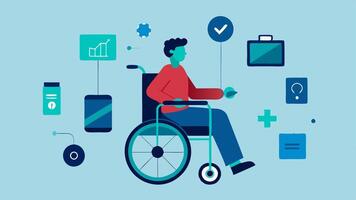 Technology for Independence A person navigating their environment confidently with the help of advanced mobility aids like a powered wheelchair and smart tech like a wearable. vector