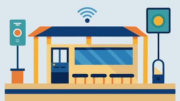 Transit Stop Accessibility An illustration of a public transit stop that includes low platforms audio announcements and visual displays ensuring that everyone can easily access the. vector