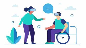 Joint Experience A duo experience setup where a person with limited mobility enjoys a VR environment alongside an ablebodied friend highlighting communication and shared. vector