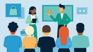 Skill Development Workshops A group of diverse employees attending a workshop with a speaker presenting on a padlocked board labeled Career Skills.. vector