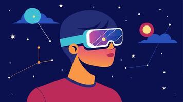 Star Gazing A person using bionic glasses to observe the night sky with their view enhanced to reveal vibrant constellations and celestial bodies.. vector