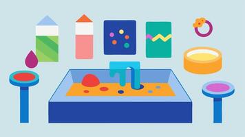 Sensory Art Station An illustration of a sensory art station equipped with materials like textured papers colorful gels and assorted tactile objects indicating a welcoming space. vector